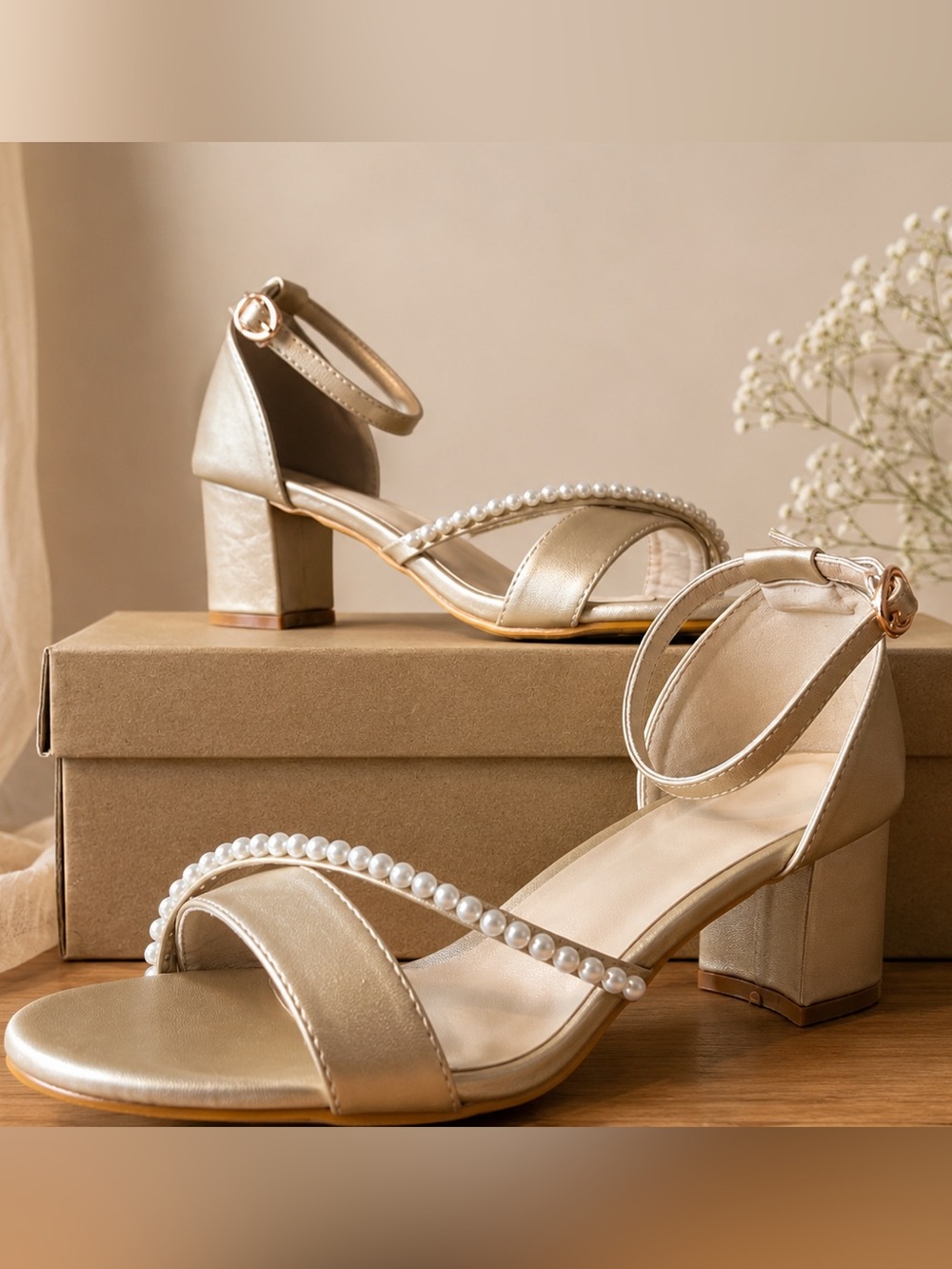 Gold Pearl Block Heel Size 8 | Bridal Wedding Bridesmaid Formal Heels | NWT